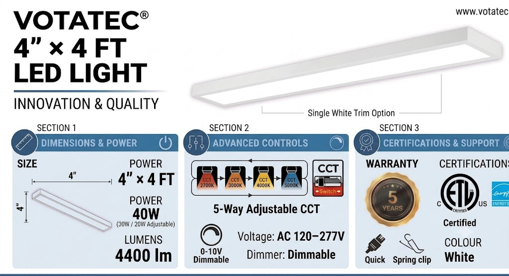 Votatec Linear LED Flush Mount 4"×4' 5CCT, 0-10V Dimmable