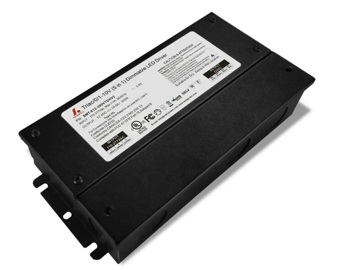 12V High Quality 5 IN 1 Dimmable LED Power Supply 120V 240V 277V AC with junction box. High Efficiency. Can be used in wet or damp locations. 7 year Warranty