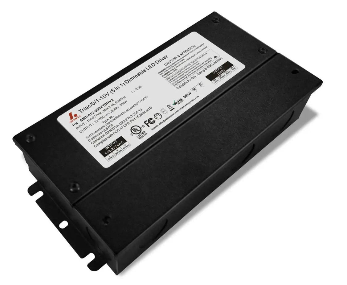12V High Quality 5 IN 1 Dimmable LED Power Supply 120V 240V 277V AC with junction box. High Efficiency. Can be used in wet or damp locations. 7 year Warranty