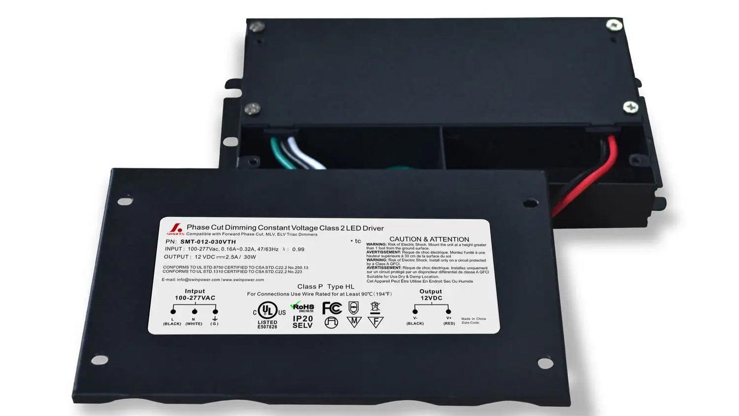 12V High Quality 5 IN 1 Dimmable LED Power Supply 120V 240V 277V AC with junction box. High Efficiency. Can be used in wet or damp locations. 7 year Warranty