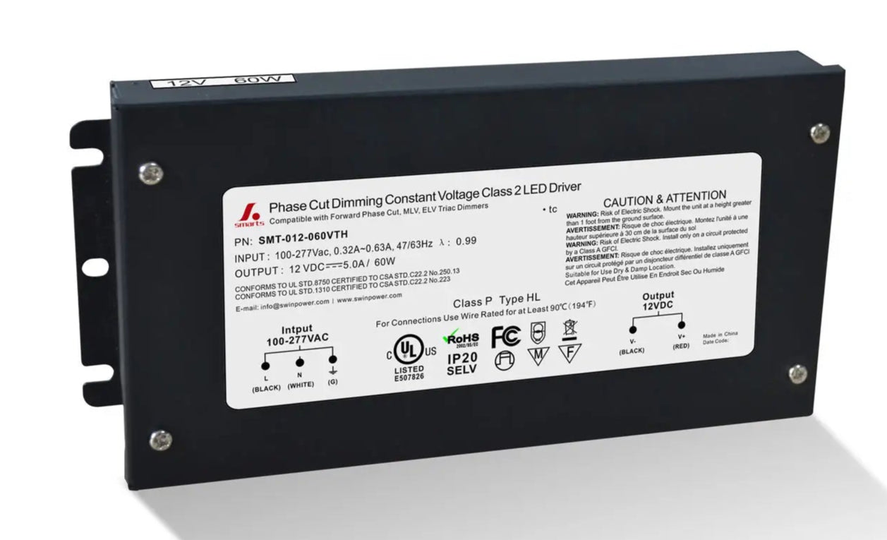 12V High Quality 5 IN 1 Dimmable LED Power Supply 120V 240V 277V AC with junction box. High Efficiency. Can be used in wet or damp locations. 7 year Warranty