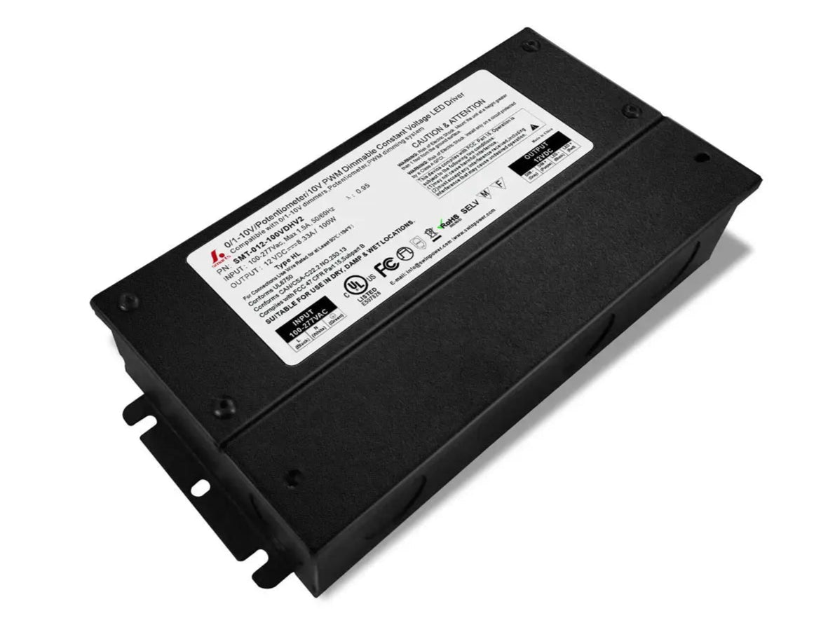 12V High Quality 5 IN 1 Dimmable LED Power Supply 120V 240V 277V AC with junction box. High Efficiency. Can be used in wet or damp locations. 7 year Warranty