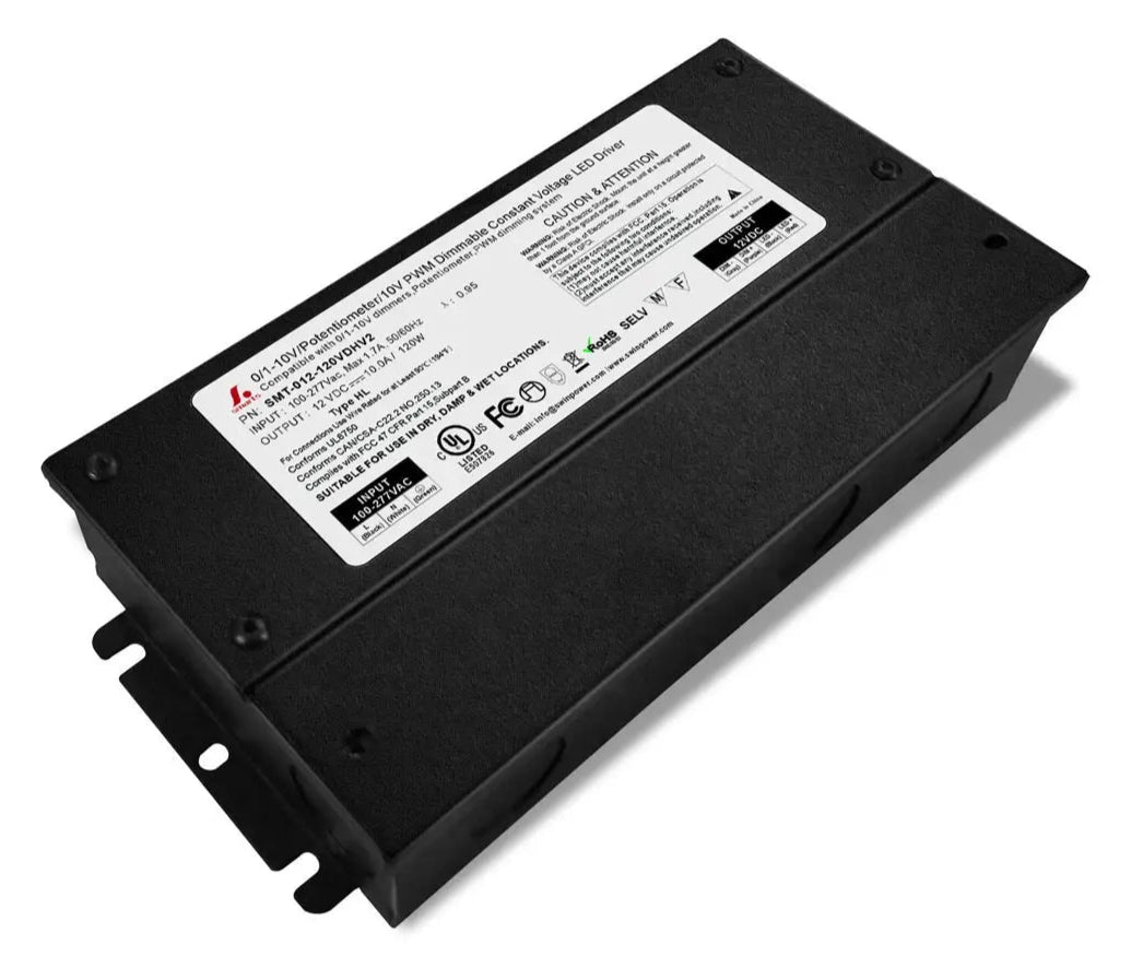 12V High Quality 5 IN 1 Dimmable LED Power Supply 120V 240V 277V AC with junction box. High Efficiency. Can be used in wet or damp locations. 7 year Warranty