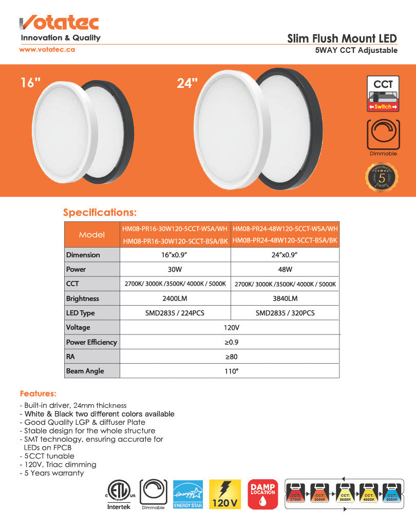 Votatec 24" Round LED Flush Mount 5CCT Adjustable, Dimmable