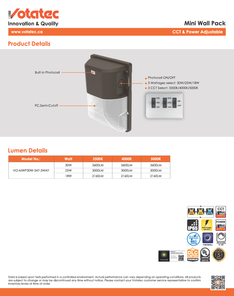 Mini LED Wall Pack 15W/20W/30W ADJ — 3CCT, Photocell, IP65
