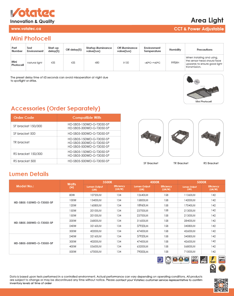 Votatec LED Shoebox Area Light 100W/120W/150W ADJ,3CCT, Photocell,Type III, IP65