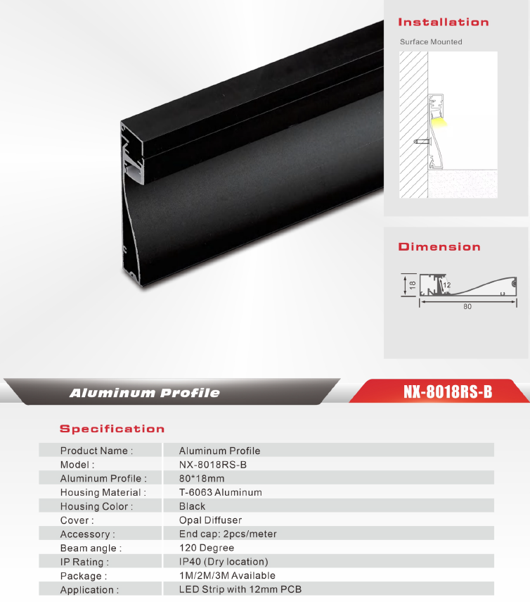 LED Baseboard Aluminum Profile (Black) – NX-8018RS-B (3M / 10ft)