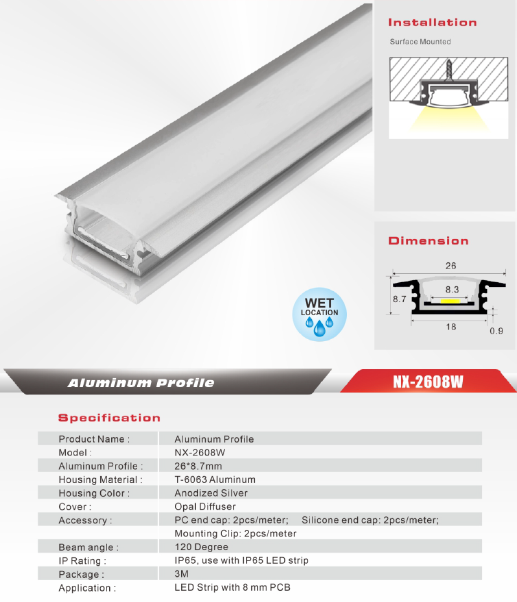 Recessed Waterproof LED Aluminum Profile – NX-2608W (3M / 10ft)