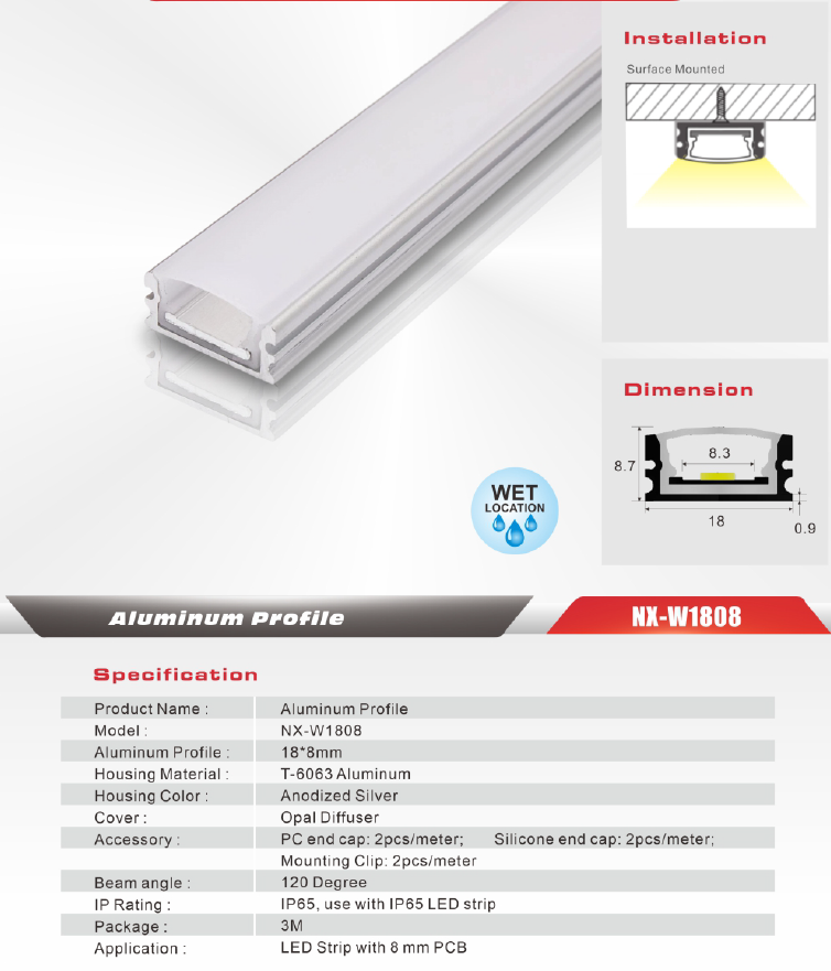 Surface Waterproof LED Aluminum Profile – NX-W1808 (3M / 10ft)