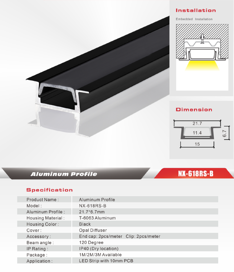 Recessed LED Aluminum Profile (Black) NX-618RS-B (3M / 10ft)