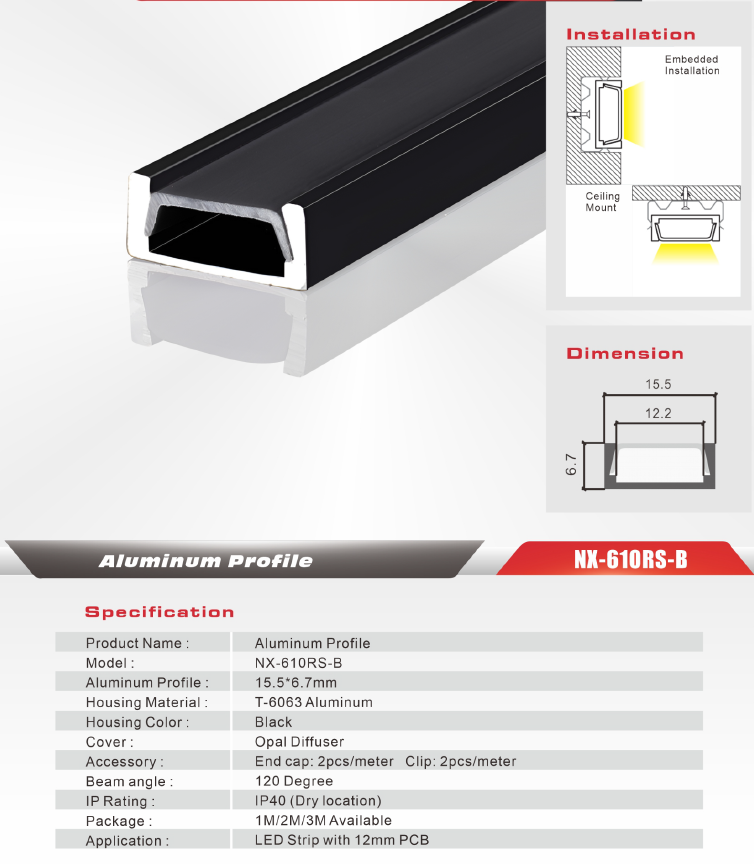 Surface-Mount LED Aluminum Profile (Black) – NX-610RS-B (3M / 10ft)