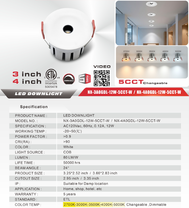 4" LED Anti-Glare Spot Light – 12W 5CCT (NX-4A0GDL-12W-5CCT-W)