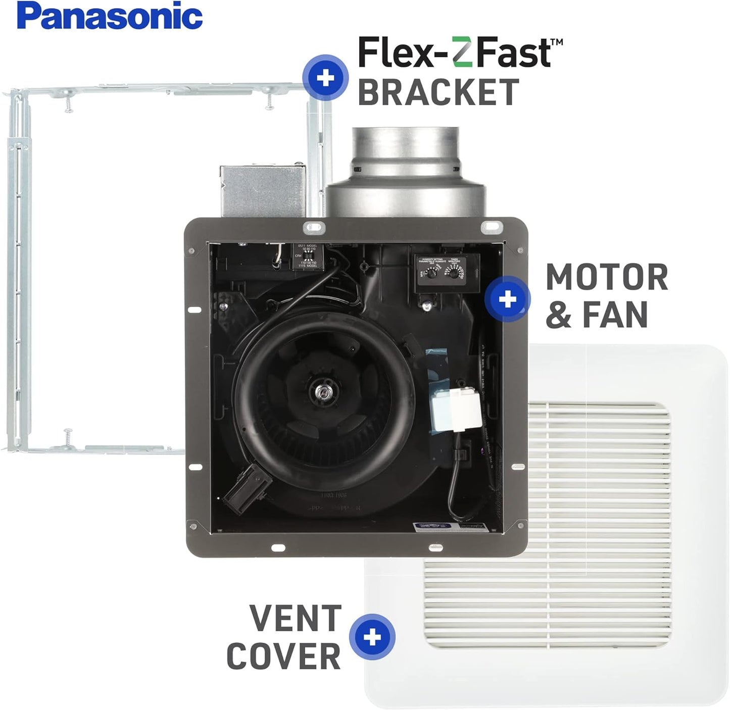 FV0511VQ1 PANASONIC BATHROOM FAN 50-80-100 CFM 4 IN MULTI-SPEED 0.3 SONE FLEX-Z BRACKET WHISPERCEILING DC