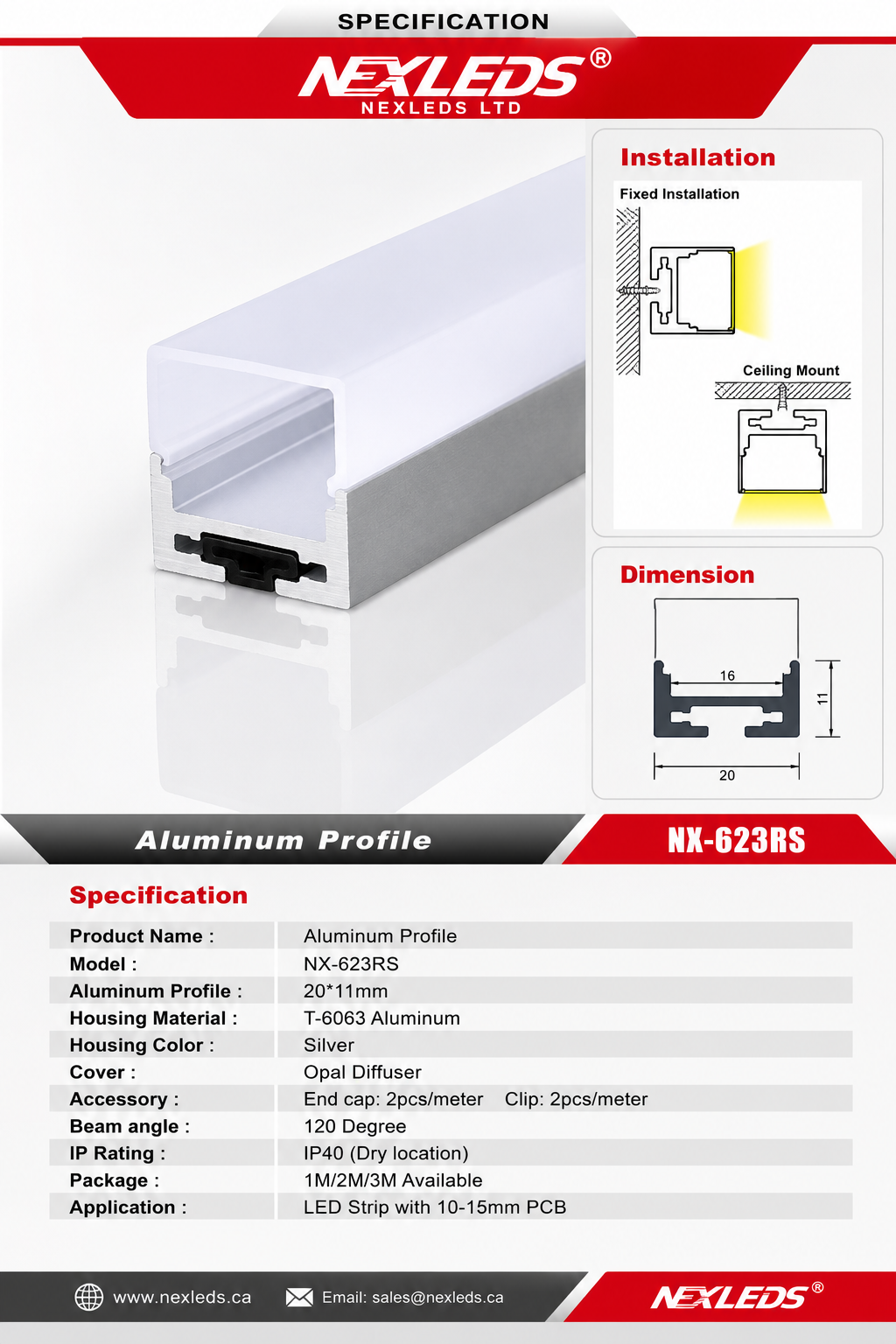 Surface Wide-Lens Wide-Beam LED Aluminum Profile – NX-623RS (3M / 10ft)