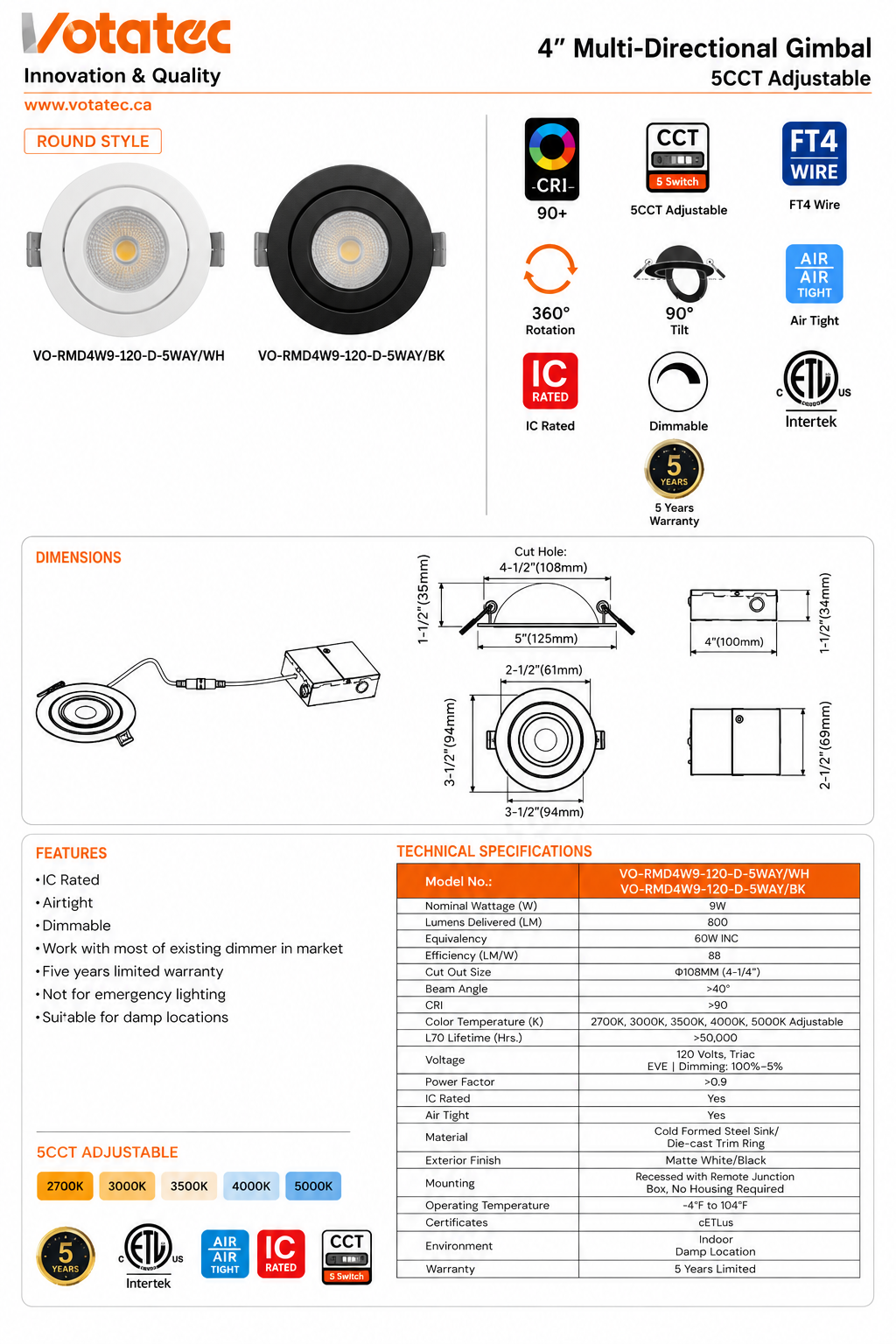 Votatec 3" Eyeball LED Pot Light — 5-CCT, 360° Rotation, COB (White/Black)