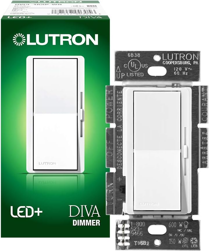 Lutron Diva LED+ Dimmer Switch for Dimmable LED/Halogen/Incandescent Bulbs, Single-Pole or 3-Way, White