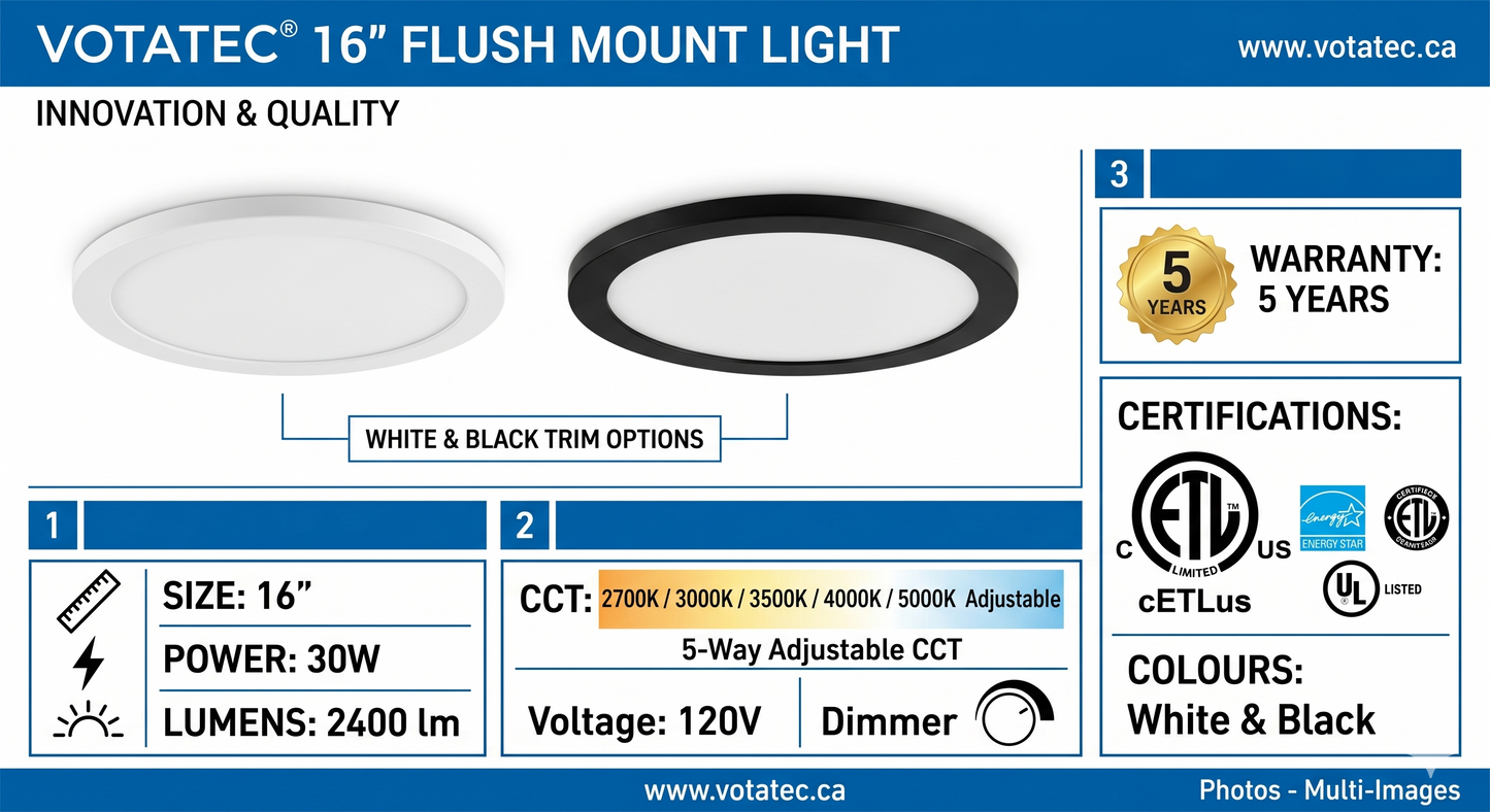 Votatec 16" Round LED Flush Mount 5CCT Adjustable, Dimmable