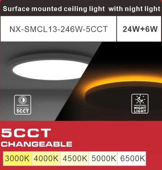 NEXLED 13 INCH SURFACE MOUNTED CEILING LIGHT, 5CCT WITH NIGHTLIGHT (3K).WHITE