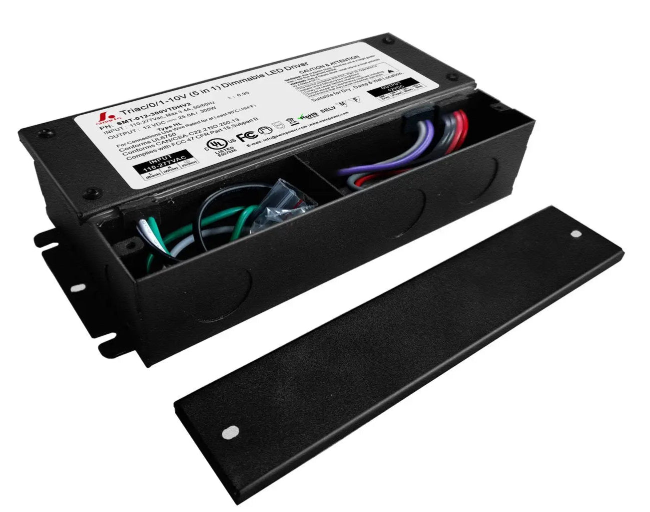 12V High Quality 5 IN 1 Dimmable LED Power Supply 120V 240V 277V AC with junction box. High Efficiency. Can be used in wet or damp locations. 7 year Warranty