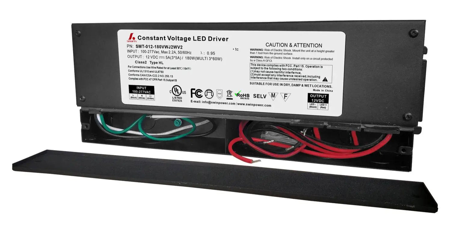 12V High Quality 5 IN 1 Dimmable LED Power Supply 120V 240V 277V AC with junction box. High Efficiency. Can be used in wet or damp locations. 7 year Warranty