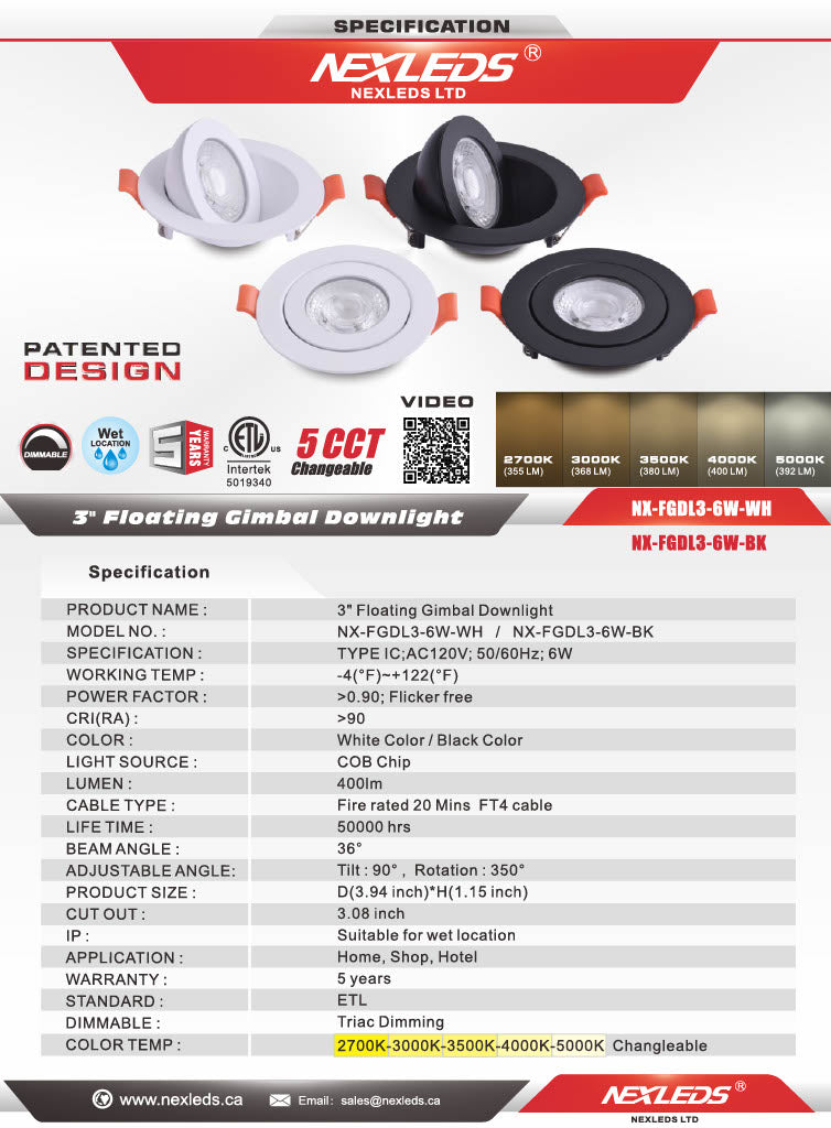3″ Floating Gimbal Pot light – 5CCT-360 Degree Gimbal