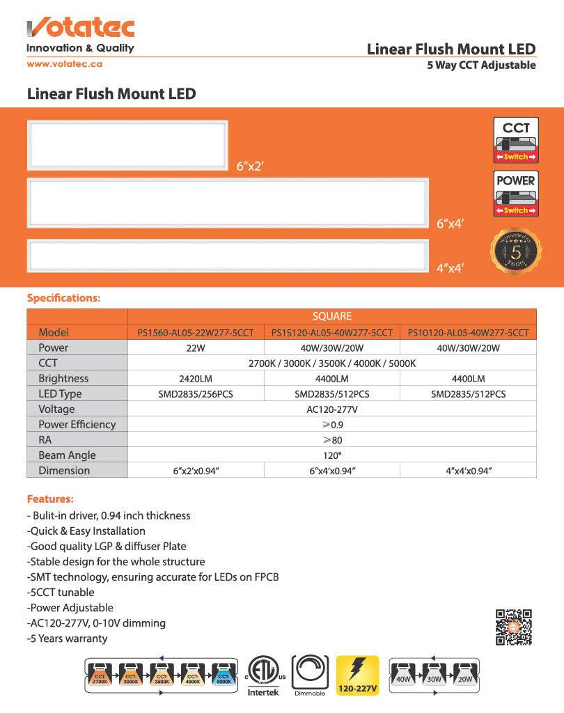 Votatec Linear LED Flush Mount 4"×4'  5CCT, 0-10V Dimmable