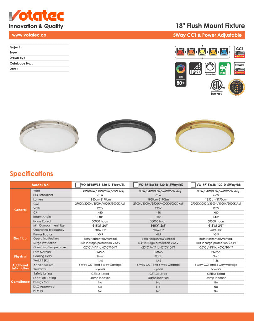 Votatec 12" Round LED Flush Mount 5CCT, Watt Adjustable (Silver/Black/Brushed Brass)