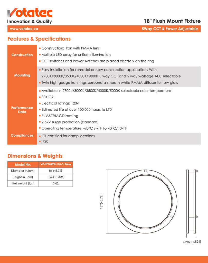 Votatec 12" Round LED Flush Mount 5CCT, Watt Adjustable (Silver/Black/Brushed Brass)