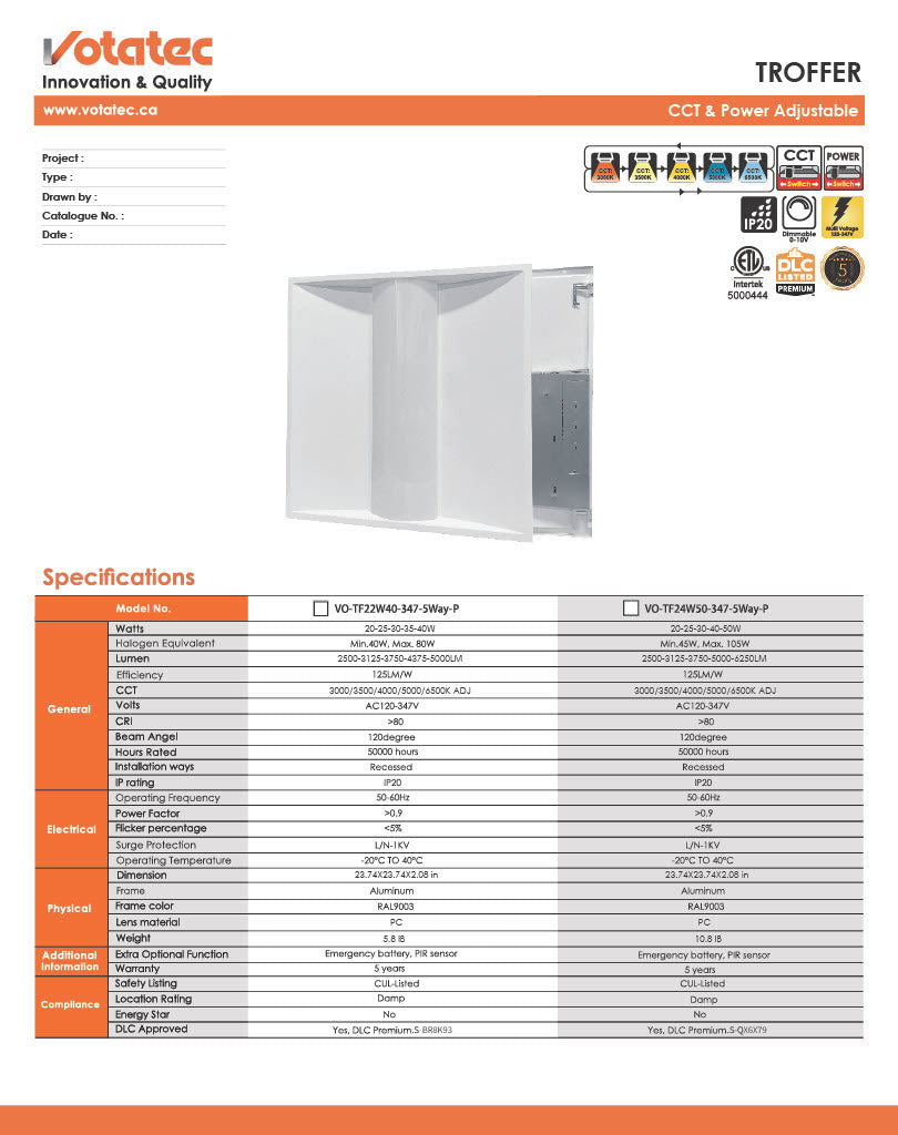 Votatec 2x4 Regular LED Troffer  5-Way CCT & Wattage Adjustable, 100-347V