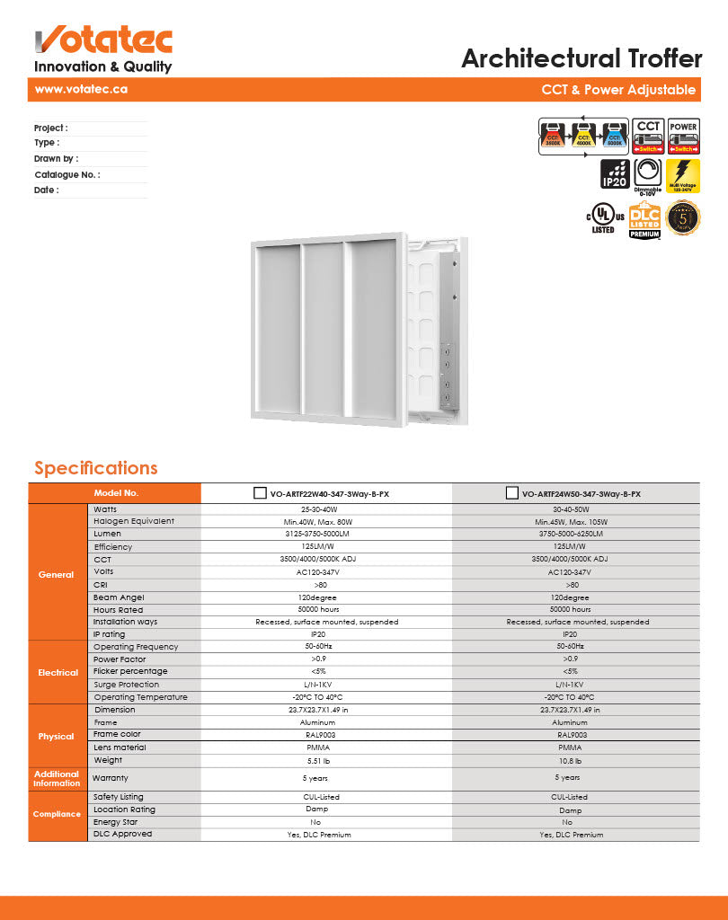 Votatec 2x4 Architectural LED Troffer  3-Way CCT & Wattage Adjustable, 100-347V