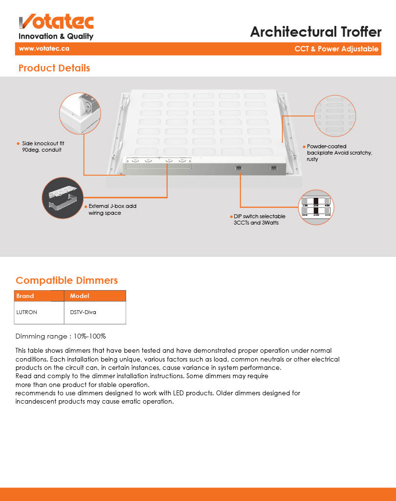 Votatec 2x4 Architectural LED Troffer  3-Way CCT & Wattage Adjustable, 100-347V