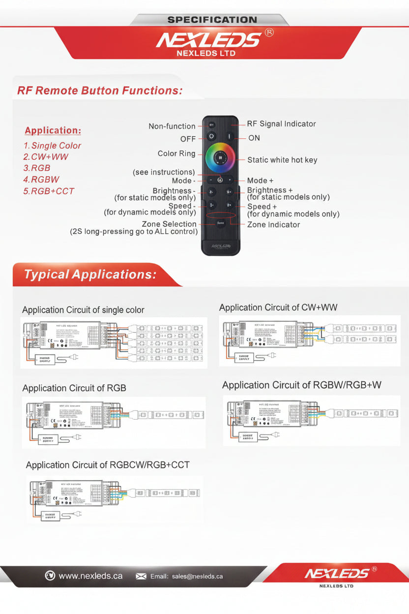 Nexled 5-in-1 WiFi LED Controller- 12-24V, Dim/CCT/RGB/RGBW/RGBCW, 2.4G Remote