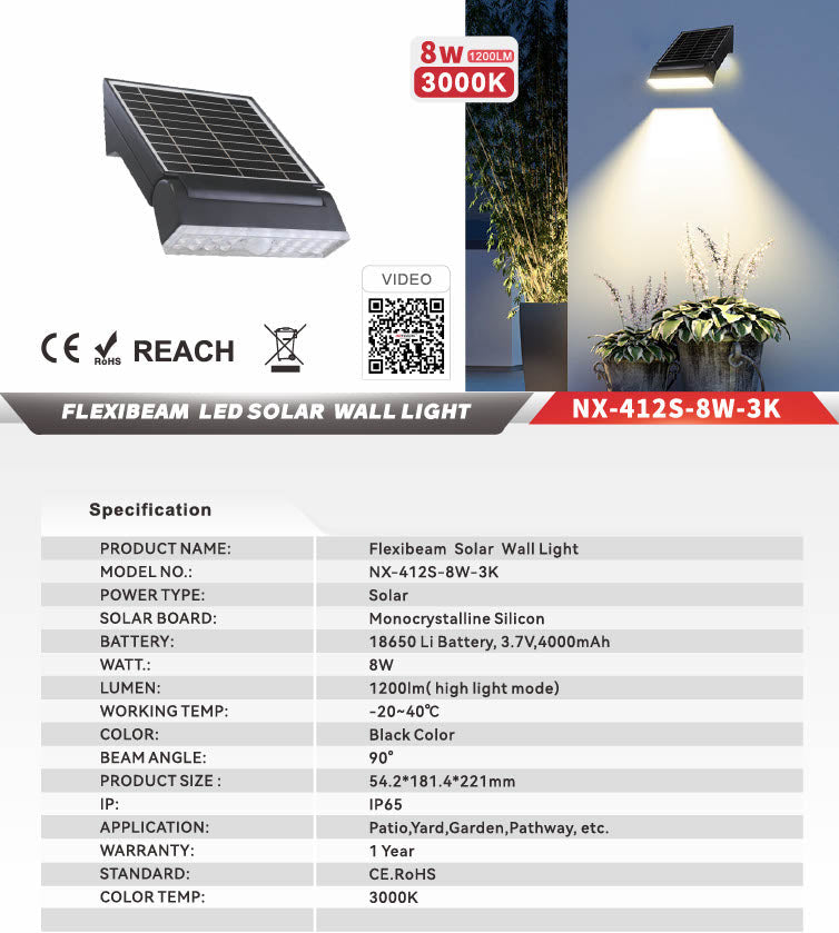 Nexled Flexibeam Solar Wall Light — 8W, 1200lm, 3000K, IP65