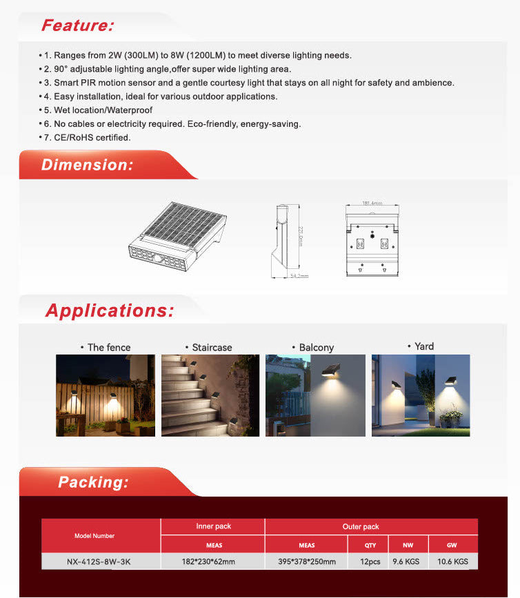 Nexled Flexibeam Solar Wall Light — 8W, 1200lm, 3000K, IP65