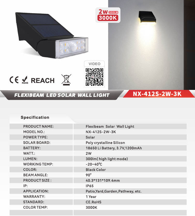 Nexled Flexibeam Solar Wall Light — 2W, 300lm, 3000K, IP65