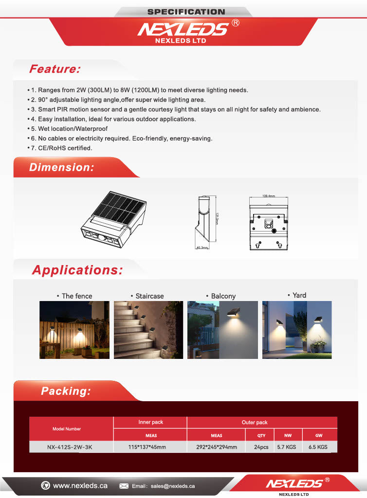Nexled Flexibeam Solar Wall Light — 2W, 300lm, 3000K, IP65