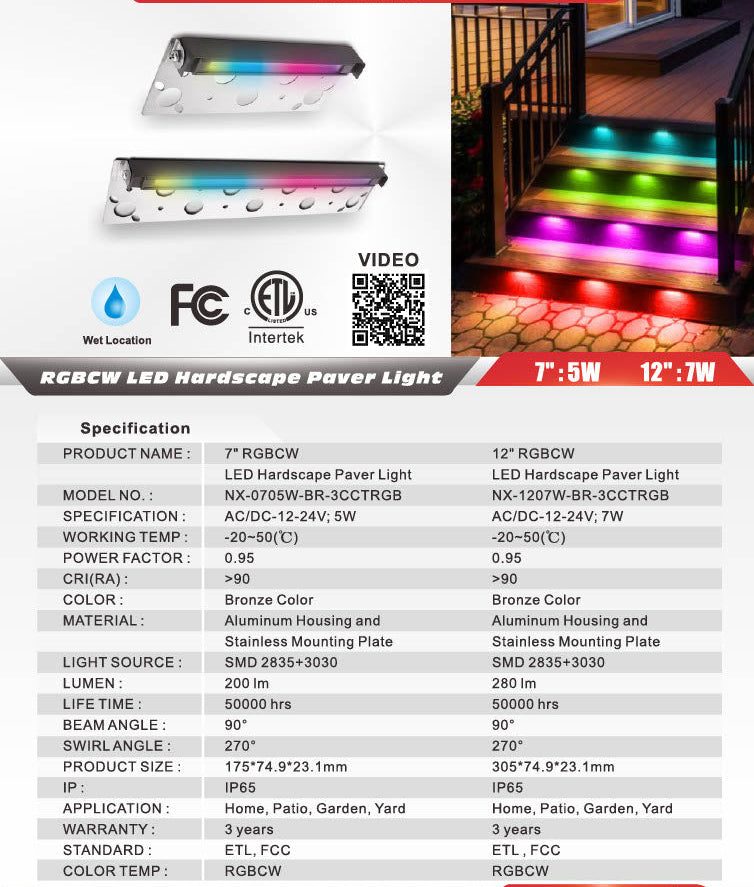 Nexled RGBCW LED Hardscape Paver Light — 7"/12", 12-15V, IP65 (ETL/FCC)