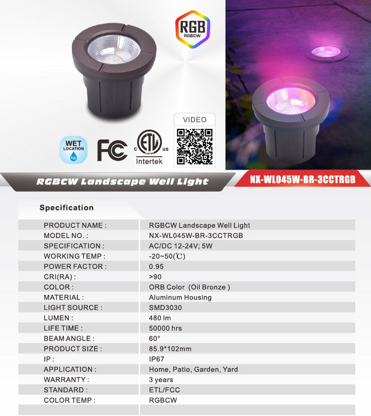 Nexled RGBCW Landscape Well Light 5W, 12-24V, 480lm, IP67 (ETL/FCC)