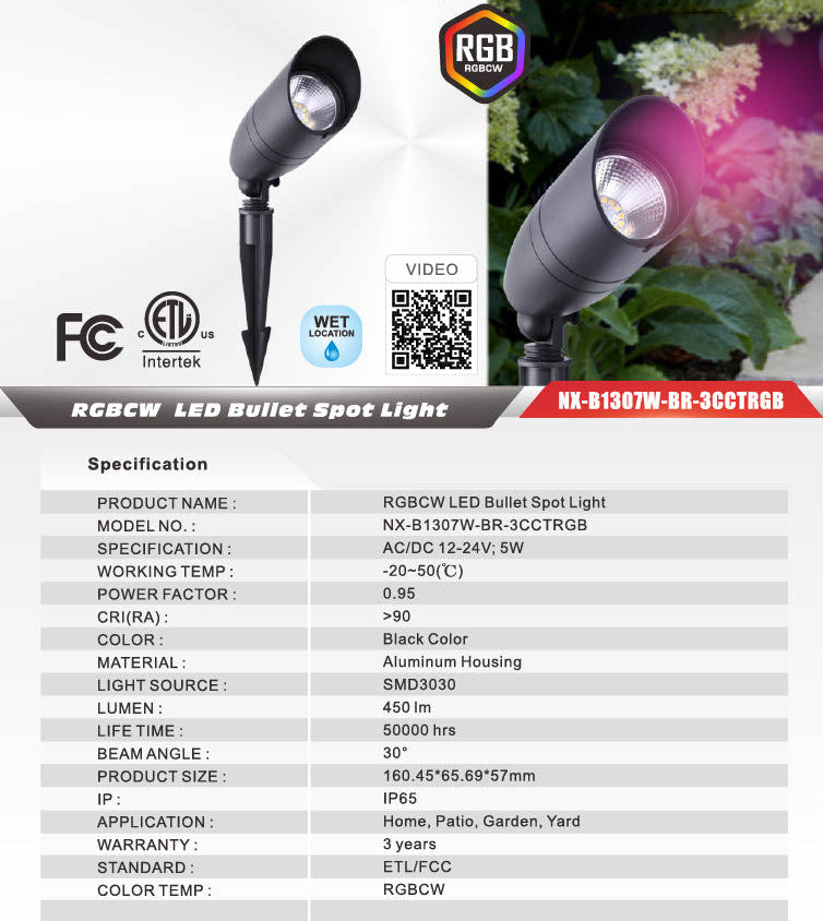 Nexled RGBCW LED Bullet Spot Light — 5W, 12-24V, 450lm, IP65 (ETL/FCC)