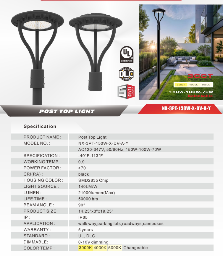 Nexled LED Post Top Light — 150W/100W/70W Selectable, 3CCT, 21000lm, IP65 (UL, DLC)