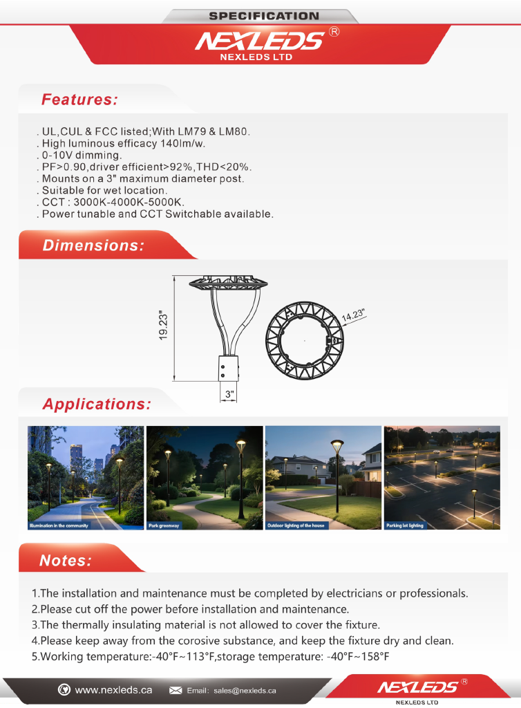 Nexled LED Post Top Light — 150W/100W/70W Selectable, 3CCT, 21000lm, IP65 (UL, DLC)
