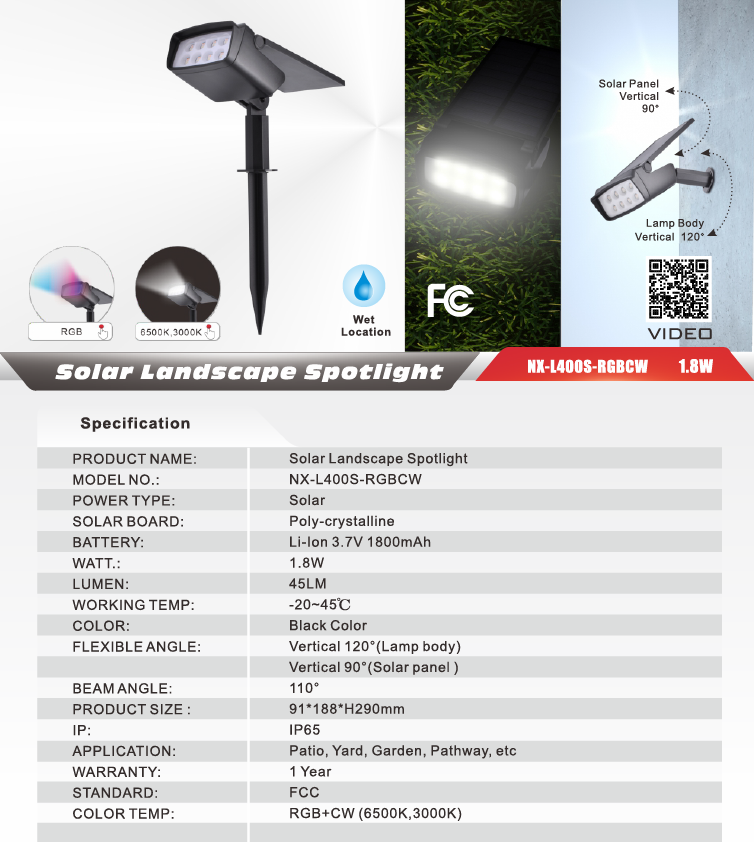 Nexled Solar Landscape Spotlight  RGB+CW, 1.8W, IP65 (FCC)