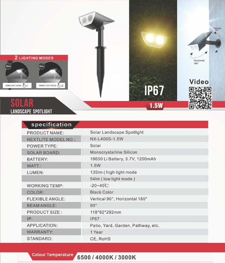 Nexled Solar Landscape Spotlight  1.5W, 135lm, IP67, 3000K/4000K/5000K