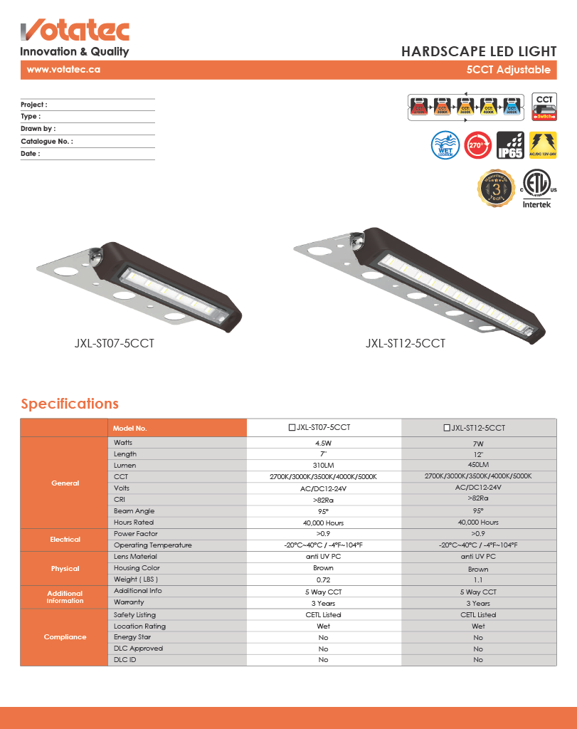 Votatec LED Hardscape Step & Deck Light Low Profile,IP65 5CCT
