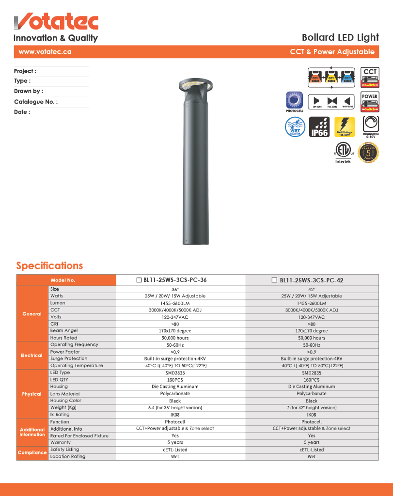 Votatec LED Bollard Path Light — Post-Mounted, 3CCT, IP65