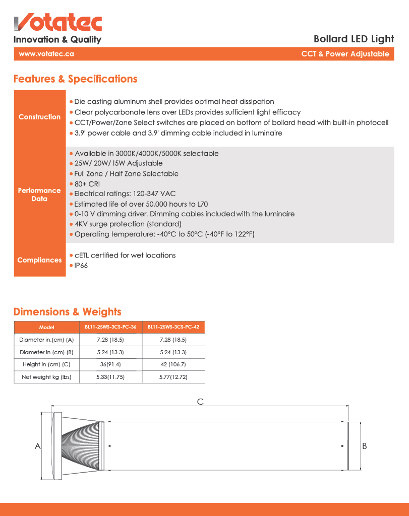 Votatec LED Bollard Path Light — Post-Mounted, 3CCT, IP65