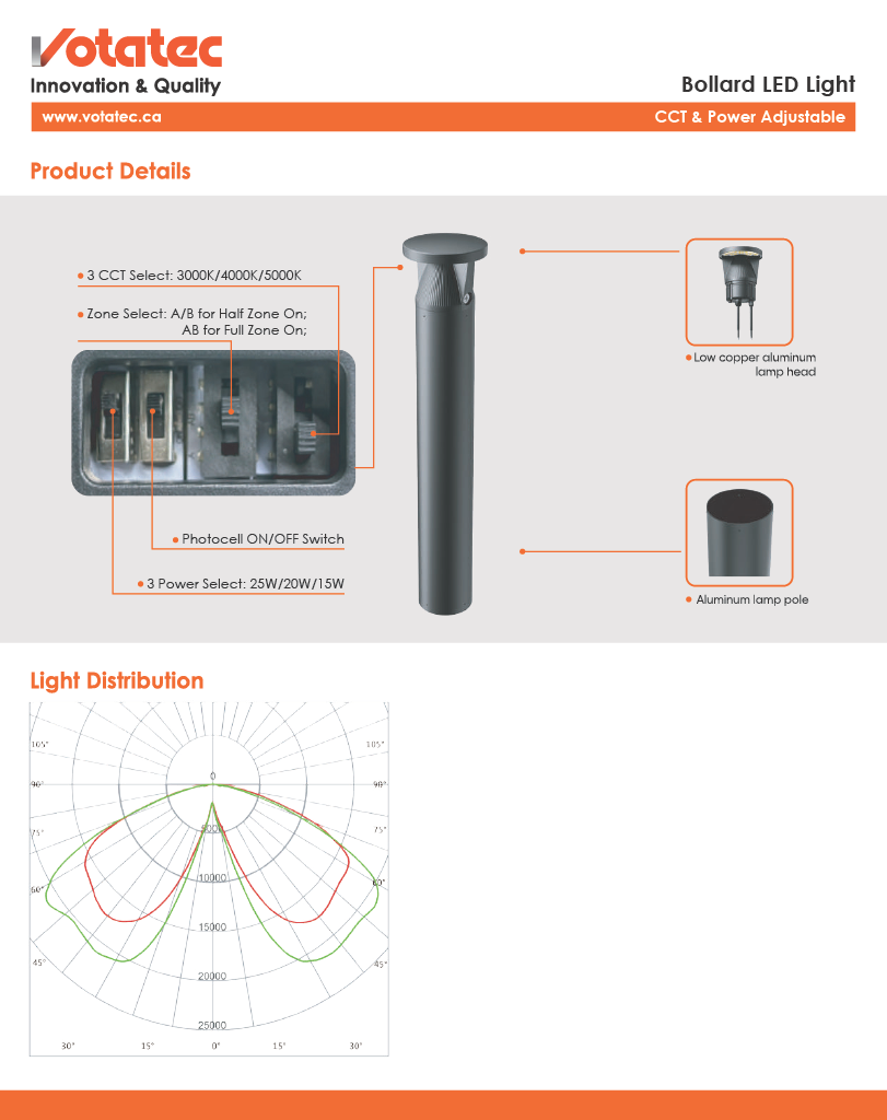 Votatec LED Bollard Path Light — Post-Mounted, 3CCT, IP65