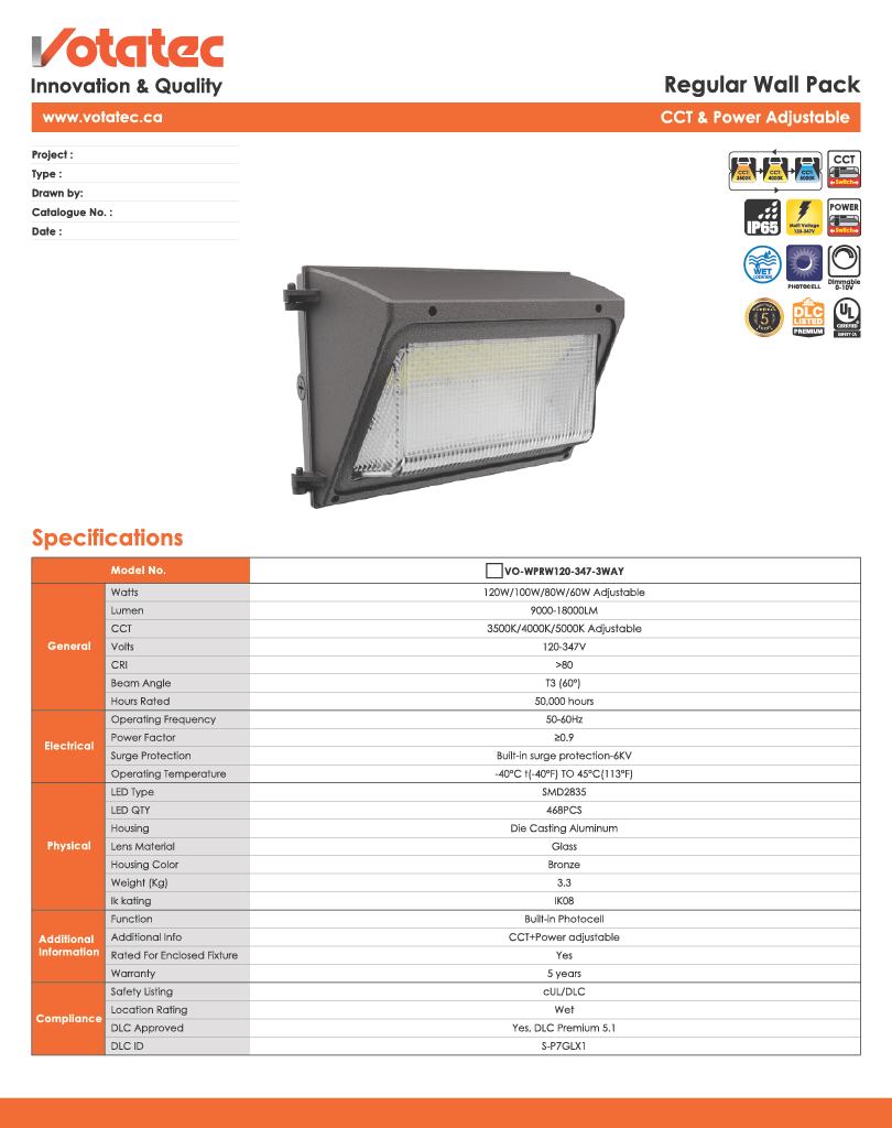 Votatec Regular LED Wall Pack 80W/100W/120W ADJ — 3CCT, IP65