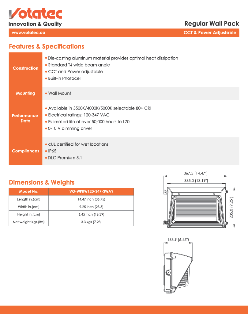 Votatec Regular LED Wall Pack 80W/100W/120W ADJ — 3CCT, IP65