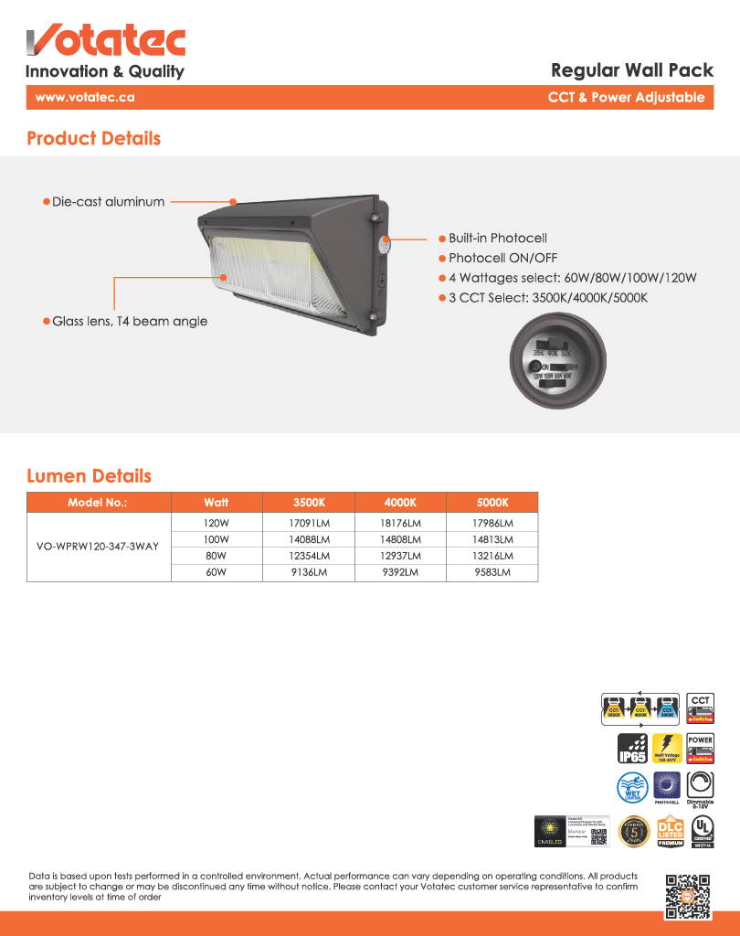 Votatec Regular LED Wall Pack 80W/100W/120W ADJ — 3CCT, IP65